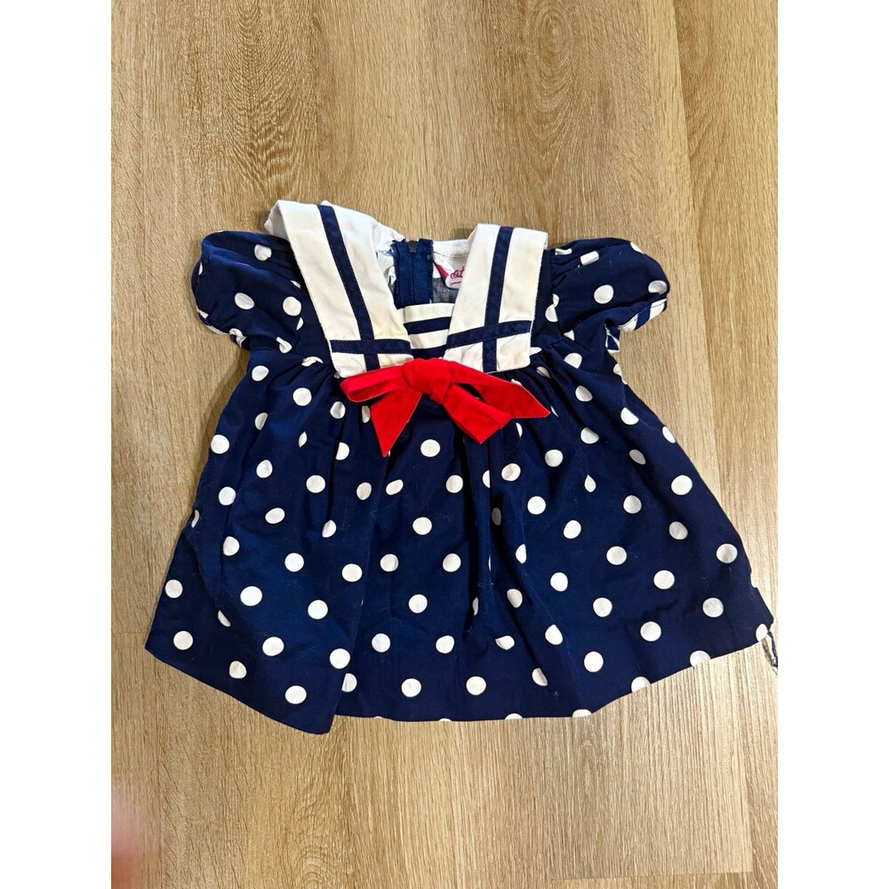 Maty Girls Blue White Polka Dot Nautical Bow Square Neck Dress Zip Sailor